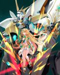  1girl bangs bare_shoulders blonde_hair breasts cleavage dress earrings elbow_gloves gem giant gloves hair_ornament headpiece highres mythra_(xenoblade) jewelry large_breasts long_hair nintendo raynartfr robot swept_bangs tiara very_long_hair white_dress xenoblade_(series) xenoblade_2 yellow_eyes 