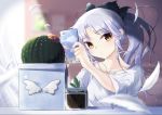  1girl angel_beats! black_bow bow brown_eyes collarbone eyebrows_visible_through_hair floating_hair hair_bow head_tilt holding holding_phone indoors long_hair phone ponytail shiny shiny_hair shirt short_sleeves silver_hair solo tagame_(tagamecat) taking_picture tachibana_kanade upper_body white_feathers white_shirt 