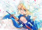  1girl :d ahoge artoria_pendragon_(all) blonde_hair blue_eyes breasts cleavage cleavage_cutout corset eyebrows_visible_through_hair fate/stay_night fate_(series) floating_hair hair_between_eyes holding holding_sheath kamiowl leaning_forward long_hair long_skirt long_sleeves looking_at_viewer open_mouth petals saber sheath shiny shiny_hair skirt small_breasts smile solo standing white_skirt 
