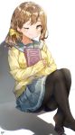  1girl absurdres ass bangs black_legwear book bow breasts brown_eyes brown_hair closed_mouth commentary_request cute graduation grey_panties grey_sailor_collar grey_skirt hair_bow highres holding holding_book knees_up kunikida_hanamaru long_hair long_sleeves looking_at_viewer love_live! love_live!_sunshine!! medium_breasts miniskirt moe no_shoes one_eye_closed panties pantyhose pleated_skirt sailor_collar school_uniform shadow shiny shiny_hair signature simple_background sitting skirt sleeves_past_wrists smile solo takenoko_no_you underwear uranohoshi_school_uniform white_background yellow_bow yellow_cardigan 