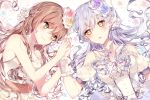  2girls bang_dream! bangs blue_flower blush braid brooch brown_hair commentary_request dress earrings flower green_eyes hair_flower hair_ornament hand_holding highres imai_lisa jewelry long_hair looking_at_another minato_yukina multiple_girls necklace open_mouth pearl_necklace purple_flower red_flower short_sleeves shoulder_cutout silver_hair sleeveless smile taya_5323203 upper_body white_flower wrist_cuffs yellow_eyes yellow_flower yuri 
