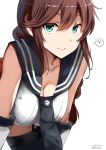  1girl ? bangs bare_shoulders blush braid breasts brown_hair cleavage closed_mouth gloves green_eyes hair_between_eyes hanging_breasts highres kantai_collection large_breasts leaning_forward lolicept long_hair looking_at_viewer necktie noshiro_(kantai_collection) red_skirt sailor_collar school_uniform serafuku simple_background skirt smile solo spoken_question_mark swept_bangs thighs twin_braids white_background white_gloves 