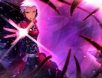  1boy archer black_pants blood blood_from_mouth brown_eyes cowboy_shot dark_skin fate/stay_night fate_(series) fou_zi highres looking_at_viewer outstretched_arm pants silver_hair solo standing 