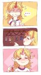  ... 1girl 3koma :&lt; =_= artist_name blank_eyes blonde_hair blush chains closed_eyes closed_mouth comic commentary cuffs english_commentary eyebrows_visible_through_hair fang fang_out flying_sweatdrops hand_on_own_chin highres holding horn hoshiguma_yuugi indoors long_hair oni open_mouth pointy_ears shaded_face shirt silent_comic sleep_(isliping) smile solo sparkle spoken_ellipsis star thinking touhou 