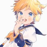  1boy :d arm_at_side blonde_hair blue_eyes blush detached_sleeves fingernails hand_to_own_mouth headset kagamine_len kouhara_yuyu looking_at_viewer male_focus nail_polish open_mouth puffy_short_sleeves puffy_sleeves ribbon sailor_collar shirt short_hair short_sleeves simple_background smile upper_body vocaloid white_background white_shirt yellow_nails yellow_neckwear yellow_ribbon 