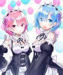  2girls :d apron balloon bangs bare_shoulders black_bow black_dress black_ribbon blue_eyes blue_hair blush bow breasts cleavage closed_mouth commentary_request detached_collar detached_sleeves dress frilled_apron frilled_sleeves frills frown hair_ornament hair_over_one_eye hand_on_hip haruyuki_14 headdress juliet_sleeves long_sleeves looking_at_viewer maid maid_apron medium_breasts multiple_girls open_mouth pink_hair puffy_sleeves ram_(re:zero) re:zero_kara_hajimeru_isekai_seikatsu red_eyes rem_(re:zero) ribbon short_hair sidelocks smile standing upper_body v-shaped_eyebrows white_apron white_background white_bow wide_sleeves x_hair_ornament 
