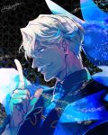 1boy blue_eyes facial_hair fate/grand_order fate_(series) grey_hair highres hotate_rayan james_moriarty_(fate/grand_order) male_focus mustache necktie pointing pointing_up portrait profile twitter_username vest 