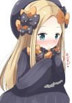  1girl abigail_williams_(fate/grand_order) absurdres aikawa_ryou bangs black_bow black_dress black_hat blonde_hair blue_eyes blush bow closed_mouth commentary_request dress fate/grand_order fate_(series) forehead hair_bow hands_up hat heart heart-shaped_pupils highres long_hair long_sleeves looking_at_viewer motion_lines nose_blush orange_bow parted_bangs polka_dot polka_dot_bow simple_background sleeves_past_fingers sleeves_past_wrists solo symbol-shaped_pupils translated upper_body very_long_hair white_background 