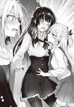  2girls blush breasts cleavage closed_eyes corset greyscale hair_ornament hair_ribbon highres kakao kawaii_onna_no_ko_ni_kouryaku_sareru_no_wa_suki_desu_ka? large_breasts long_hair long_sleeves miniskirt monochrome multiple_girls neck_ribbon novel_illustration official_art open_mouth pantyhose ribbon sailor_collar shiny shiny_hair shirt skirt small_breasts standing suspender_skirt suspenders sweatdrop thought_bubble tongue tongue_out two_side_up very_long_hair 