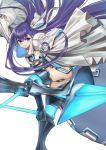  1girl absurdres belt blue_eyes crotch_plate fate/extra fate/extra_ccc fate/grand_order fate_(series) grin hair_ribbon highres kent0320 long_hair meltlilith metal_boots prosthesis prosthetic_leg purple_hair ribbon simple_background sleeves_past_wrists smile solo spikes very_long_hair waistcoat white_background white_ribbon 