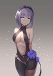 1girl backless_outfit bare_shoulders belt black_gloves black_hairband black_leotard blue_flower breasts center_opening cleavage commentary_request dark_skin eyebrows_visible_through_hair fate/prototype fate/prototype:_fragments_of_blue_and_silver fate_(series) fingerless_gloves flower gloves grey_background hairband hassan_of_serenity_(fate) large_breasts leggings leotard maekawa_yuichi navel purple_hair short_hair smile solo star starry_background violet_eyes 