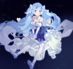  1girl amulet bare_shoulders blue_dress blue_eyes blue_hair cape commentary detached_collar dress frilled_dress frills full_body hair_ornament hatsune_miku head_tilt highres juliet_sleeves leaning_forward long_hair long_sleeves mikka620 puffy_sleeves snowflake_hair_ornament snowflakes snowing solo striped_sleeves tiara twintails v_arms very_long_hair vocaloid yuki_miku 