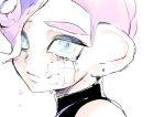  1boy bandage blue_eyes crying earrings hair_over_one_eye highres jewelry looking_at_viewer male_focus merogupi octoling parted_lips pink_hair simple_background sleeveless solo splatoon splatoon_(series) splatoon_2 tears tentacle_hair upper_body white_background 