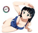  1girl absurdres armpits artist_name benjoerres black_hair blue_swimsuit blush bob_cut breasts cleavage commentary english_commentary full_body green_eyes hair_ornament hairclip highres kirigaya_suguha large_breasts looking_at_viewer lying on_side short_hair smile solo swimsuit sword_art_online 
