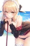  1girl apron artoria_pendragon_(all) artoria_pendragon_(swimsuit_rider_alter) bangs bare_shoulders beach bikini black_bikini black_ribbon blonde_hair blush braid breasts cleavage curvy day eyebrows_visible_through_hair fate/grand_order fate_(series) frills highres jacket leaning_forward leaning_on_object leg_garter looking_at_viewer maid_bikini maid_headdress medium_breasts mop motokonut navel off_shoulder open_clothes outdoors outside_border ribbon short_hair sidelocks solo swimsuit wet yellow_eyes 