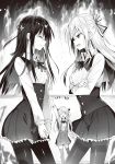  3girls angry arm_up closed_eyes corset cowboy_shot crossed_arms dress_shirt floating_hair from_side greyscale hair_ribbon hands_together highres kakao kawaii_onna_no_ko_ni_kouryaku_sareru_no_wa_suki_desu_ka? long_hair long_sleeves miniskirt monochrome multiple_girls neck_ribbon novel_illustration official_art open_mouth pantyhose pleated_skirt ribbon sailor_collar school_uniform shiny shiny_clothes shirt skirt standing suspender_skirt suspenders sweatdrop thigh-highs very_long_hair zettai_ryouiki 