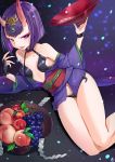  1girl absurdres alcohol apple bob_cut breasts collarbone commentary_request cup eyebrows_visible_through_hair fate/grand_order fate_(series) food fruit grapes hieung highres horns japanese_clothes kimono medium_breasts obi oni oni_horns open_mouth peach purple_hair purple_kimono sakazuki sake sash short_hair shuten_douji_(fate/grand_order) smile solo thick_eyebrows thighs violet_eyes 