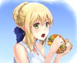  1girl ahoge artoria_pendragon_(all) bare_arms bare_shoulders blonde_hair blue_background blue_ribbon braid commentary_request ep_(emio_parn) eyebrows_visible_through_hair fate/stay_night fate_(series) food green_eyes hair_between_eyes hair_ornament hair_ribbon hamburger holding holding_food looking_at_viewer open_mouth ribbon saber shirt short_hair simple_background sleeveless sleeveless_shirt solo 