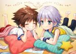  2boys aqua_eyes barefoot blush brown_hair child_drawing closed_eyes copyright_name grin hair_between_eyes kingdom_hearts looking_at_another male_focus multiple_boys pillow roxas silver_hair smile socks sora_(kingdom_hearts) white_legwear younger yuuhi_mika 