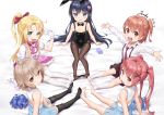  5girls :3 :d absurdres ahoge animal_ears arm_support artist_name ass_visible_through_thighs bangs bare_shoulders barefoot black_hair black_legwear black_leotard black_neckwear blonde_hair blue_eyes blue_skirt blush bow bowtie breasts brown_eyes brown_hair bunnysuit cheerleader cleavage closed_mouth collarbone collared_shirt covered_navel dated detached_collar eyebrows_visible_through_hair fake_animal_ears fang feet flower frilled_sleeves frills full_body garter_straps gloves green_eyes hair_between_eyes hair_bow hair_flower hair_ornament hand_up heart highres himesaka_noa hoshino_hinata j-cube konomori_kanon leotard long_hair long_sleeves looking_at_viewer looking_back magical_girl multiple_girls necktie no_shoes open_mouth outstretched_arms pantyhose pink_bow pink_flower pink_skirt pom_poms ponytail purple_neckwear rabbit_ears red_bow red_eyes redhead shirosaki_hana shirt short_hair short_sleeves side_ponytail signature simple_background sitting skirt sleeveless sleeveless_shirt smile strapless strapless_leotard suspenders tanemura_koyori thigh-highs thighband_pantyhose toes twintails v very_long_hair watashi_ni_tenshi_ga_maiorita! white_background white_gloves white_legwear white_shirt wrist_cuffs x_hair_ornament zettai_ryouiki 