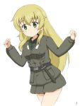  1girl anzio_military_uniform belt belt_buckle blonde_hair blush buckle carpaccio cowboy_shot dagger girls_und_panzer green_eyes hands_up long_hair looking_at_viewer looking_to_the_side ma-2_(konkon_kitakitsune) signature simple_background skirt smile solo weapon white_background 