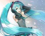  1girl absurdres aqua_eyes aqua_hair arms_up detached_sleeves floating_hair hair_between_eyes hands_on_headphones hatsune_miku headset hieung highres long_hair looking_at_viewer necktie open_mouth pleated_skirt skirt solo twintails very_long_hair vocaloid 