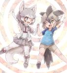  2girls animal_ears bandaid bike_shorts bird_tail bird_wings blue_eyes boots bracelet commentary_request dog_(mixed_breed)_(kemono_friends) dog_ears dog_tail elbow_gloves eyebrows_visible_through_hair fang fur_trim gloves greater_roadrunner_(kemono_friends) green_eyes grey_hair hand_holding harness head_wings jacket jewelry jumping kemono_friends kolshica midair multicolored_hair multiple_girls one_eye_closed open_mouth pantyhose pleated_skirt shirt shoes short_hair short_sleeves skirt sneakers t-shirt tail vest wings 