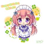  1girl :d apron bangs black_footwear blue_bow blue_dress blush bow brown_hair character_name chibi clover commentary_request copyright_request dress eyebrows_visible_through_hair four-leaf_clover frilled_apron frills hair_between_eyes happy_birthday highres juliet_sleeves long_hair long_sleeves looking_at_viewer low_twintails maid maid_apron maid_headdress open_mouth pantyhose puffy_sleeves ryuuka_sane signature smile solo standing twintails twitter_username very_long_hair violet_eyes white_apron white_background white_legwear 