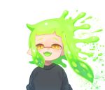  1girl :d asymmetrical_hair black_sweater domino_mask fangs green_hair green_tongue inkling long_hair looking_at_viewer mask open_mouth pixiv13691592 pointy_ears smile solo splatoon splatoon_(series) splatoon_2 sweater tentacle_hair upper_body yellow_eyes 