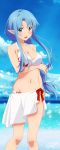  1girl absurdres arm_under_breasts artist_name asuna_(sao) asuna_(sao-alo) benjoerres blue_eyes blue_hair breasts cleavage clouds cloudy_sky collarbone commentary day english_commentary feet_out_of_frame hair_ornament highres large_breasts long_hair looking_at_viewer navel ocean outdoors pointy_ears red_ribbon ribbon sky smile solo standing swimsuit sword_art_online water 