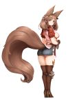  1girl animal_ear_fluff animal_ears ass barbariank belt boots breasts brown_footwear brown_gloves brown_hair commentary earrings english_commentary eyebrows_visible_through_hair fluffy from_behind full_body gloves granblue_fantasy high_heel_boots high_heels highres hip_vent jewelry la_coiffe_(granblue_fantasy) large_breasts long_hair looking_at_viewer panties puffy_short_sleeves puffy_sleeves short_sleeves smile solo tail thigh-highs thigh_boots transparent_background underwear white_panties 