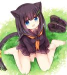  1girl :d animal_ear_fluff animal_ears bangs barefoot blue_eyes blush brown_footwear brown_hair brown_sailor_collar brown_serafuku brown_shirt brown_skirt cat_ears cat_girl cat_tail commentary_request eyebrows_visible_through_hair full_body grass hair_between_eyes hair_ornament hairclip loafers long_sleeves looking_at_viewer neckerchief on_grass open_mouth orange_neckwear original pleated_skirt puffy_long_sleeves puffy_sleeves sailor_collar school_uniform serafuku shirt shoes shoes_removed sitting skirt sleeves_past_wrists smile solo tail wariza yuuhagi_(amaretto-no-natsu) 