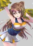  1girl arm_up bare_arms bare_shoulders breasts brown_eyes brown_hair cheerleader chuunibyou_demo_koi_ga_shitai! collarbone commentary_request discharge_view grey_background hair_between_eyes hair_ornament hairclip highres large_breasts long_hair looking_at_viewer nibutani_shinka one_side_up open_mouth pom_poms shirt side_ponytail simple_background skirt sleeveless sleeveless_shirt solo standing white_skirt 