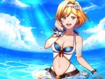  1girl :d blonde_hair bracelet breasts brown_eyes cleavage clouds collarbone day djeeta_(granblue_fantasy) eyebrows_visible_through_hair flower granblue_fantasy hair_between_eyes hair_flower hair_ornament hairband highres jewelry kurozatou_owata looking_at_viewer medium_breasts midriff navel ocean open_mouth outdoors print_hairband rose short_hair smile solo stomach sunlight wading white_flower white_hairband white_rose wrist_cuffs 