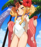 1girl absurdres bare_shoulders blonde_hair blue_sky breasts casual_one-piece_swimsuit closed_mouth clouds cloudy_sky commentary_request day facial_mark fang fang_out fate/grand_order fate_(series) flower forehead_mark hair_flower hair_ornament hairband head_tilt highres horns ibaraki_douji_(fate/grand_order) ibaraki_douji_(swimsuit_lancer)_(fate) lkll long_hair long_sleeves one-piece_swimsuit oni oni_horns outdoors pinching_sleeves red_flower sidelocks sky sleeves_past_wrists small_breasts smile solo strapless strapless_swimsuit swimsuit white_hairband white_swimsuit wide_sleeves 