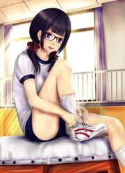  1girl black_hair blue_buruma buruma highres indoors knee_up konekoneko_(indonesia) looking_at_viewer original parted_lips railing red-framed_eyewear school_uniform shirt shoes short_sleeves short_twintails socks thighs twintails tying_shoes vaulting_horse violet_eyes white_legwear white_shirt window 