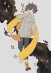  1boy aran_sweater black_hair black_pants boots borrowed_character bug butterfly full_body grey_background hand_up highres insect long_sleeves looking_at_viewer male_focus open_mouth original pants running scarf short_hair smile solo sweater yayoripain yellow_eyes yellow_footwear yellow_scarf 