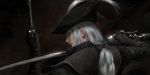  1girl absurdres bloodborne bow brown_gloves commentary dark_background dual_wielding eyelashes from_behind from_side gloves hair_bow hat highres holding lady_maria_of_the_astral_clocktower lips looking_back low_ponytail ponytail realistic silver_hair solo sword the_old_hunters tricorne upper_body weapon wlop 