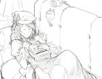  1girl book closed_eyes couch dress greyscale hat highres juliet_sleeves kikimora_(monster_girl_encyclopedia) lamp less long_dress long_sleeves lying medium_hair mofucore monochrome monster_girl monster_girl_encyclopedia on_back puffy_sleeves scales sketch smile 