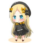  1girl abigail_williams_(fate/grand_order) bangs black_bow black_dress black_footwear black_hat blonde_hair blue_eyes blush bow bug butterfly chibi colored_shadow commentary_request dress eyebrows_visible_through_hair fate/grand_order fate_(series) forehead full_body hair_bow hat insect long_hair long_sleeves looking_at_viewer object_hug orange_bow oshiruko_(uminekotei) parted_bangs parted_lips red_bow shadow shoes sleeves_past_fingers sleeves_past_wrists solo standing stuffed_animal stuffed_toy teddy_bear very_long_hair white_background 