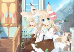  2girls :t animal_ears bangs blue_eyes blue_sky blush brown_skirt building cityscape closed_eyes closed_mouth clouds commentary_request crepe day eating eyebrows_visible_through_hair food food_on_face fox_ears fox_girl fox_tail hair_between_eyes hand_holding holding holding_food kushida_you light_brown_hair long_hair long_sleeves looking_at_viewer looking_to_the_side mountain multiple_girls original outdoors shirt skirt sky spread_legs suspenders tail very_long_hair wavy_mouth white_shirt wide_sleeves 