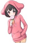  1girl absurdres alternate_costume arm_up black_hair blush bright_pupils candy carrot_necklace commentary_request drawstring dutch_angle eating eyebrows_visible_through_hair flat_chest food hand_in_pocket highres holding_lollipop hood hoodie inaba_tewi lollipop orange_shorts pink_hoodie red_eyes short_hair shorts simple_background smile solo standing swirl_lollipop touhou tsukimirin upper_body white_background white_pupils 