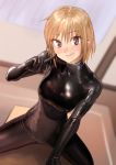  1girl bangs black_bodysuit blonde_hair bodysuit breasts brown_eyes closed_mouth eyebrows_visible_through_hair eyes_visible_through_hair finger_to_face hand_up highres index_finger_raised kilye_4421 latex_bodysuit original short_hair sitting skin_tight smile solo turtleneck 