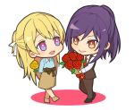  2girls :d bang_dream! bangs behind_back black_footwear blonde_hair blue_shirt bouquet brown_pants brown_skirt brown_suit brown_vest chibi collared_shirt commentary_request flower full_body hair_ribbon half_updo holding holding_bouquet holding_flower long_sleeves looking_at_another multiple_girls necktie open_mouth pants ponytail purple_hair red_eyes red_flower red_neckwear red_rose ribbon rose seta_kaoru shirasagi_chisato shirt sidelocks simple_background skirt smile standing tozaki_(r_sailing) vest violet_eyes white_background white_ribbon white_shirt yellow_flower yellow_rose yuri 