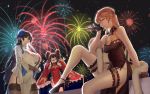  3girls alternate_costume alternate_hairstyle breasts china_dress chinese_clothes chinese_new_year cleavage double_bun dress fireworks fur_scarf garter_straps girls_frontline gloves half_gloves high_heels large_breasts multiple_girls nashoki ots-14_(girls_frontline) qbz-95_(girls_frontline) qbz-97_(girls_frontline) 