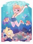  1girl :p air_bubble algae arm_behind_head arm_up blonde_hair blue_shorts border bubble commentary coral creatures_(company) crop_top freediving game_freak gen_1_pokemon green_eyes highres holding holding_poke_ball horsea kasumi_(pokemon) krabby light_rays magikarp midriff nintendo one_eye_closed poke_ball poke_ball_(generic) pokemon pokemon_(anime) pokemon_(classic_anime) pokemon_(creature) psyduck red_footwear sarah_dandh shellder shirt shoes short_hair short_shorts shorts side_ponytail signature sneakers starmie suspender_shorts suspenders swimming symbol_commentary tank_top tentacool tongue tongue_out underwater white_border yellow_shirt 