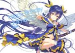  1girl arms_up bangs bare_shoulders birthday blue_dress blue_hair blush bow_(weapon) character_name closed_mouth commentary_request dated dress earrings english_text eyebrows_visible_through_hair feathered_wings frills gloves hair_between_eyes hair_ornament hair_ribbon happy_birthday holding jewelry long_hair looking_at_viewer love_live! love_live!_school_idol_project navel off-shoulder_dress off_shoulder ribbon simple_background skirt smile solo sonoda_umi stomach tomiwo twintails very_long_hair weapon white_background white_gloves white_wings wings yellow_eyes 