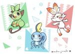  :d abstract_background black_eyes blue_eyes creature creatures_(company) game_freak gen_8_pokemon grookey highres muku_jirushi multicolored multicolored_background nintendo no_humans open_mouth pokemon pokemon_(creature) red_eyes scorbunny smile sobble 