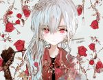  1girl asahiro black_shirt closed_mouth facing_viewer flower fork holding jacket long_hair looking_at_viewer original plant red_eyes red_jacket rose shirt side_ponytail silver_hair solo spoon twitter_username upper_body 