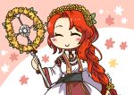  1girl artist_name bead_necklace beads braid closed_eyes closed_mouth fire_emblem fire_emblem:_souen_no_kiseki fire_emblem_heroes head_wreath holding holding_staff jewelry long_hair long_sleeves necklace nintendo redhead sksk7r smile solo staff tiamat_(fire_emblem) upper_body wide_sleeves 